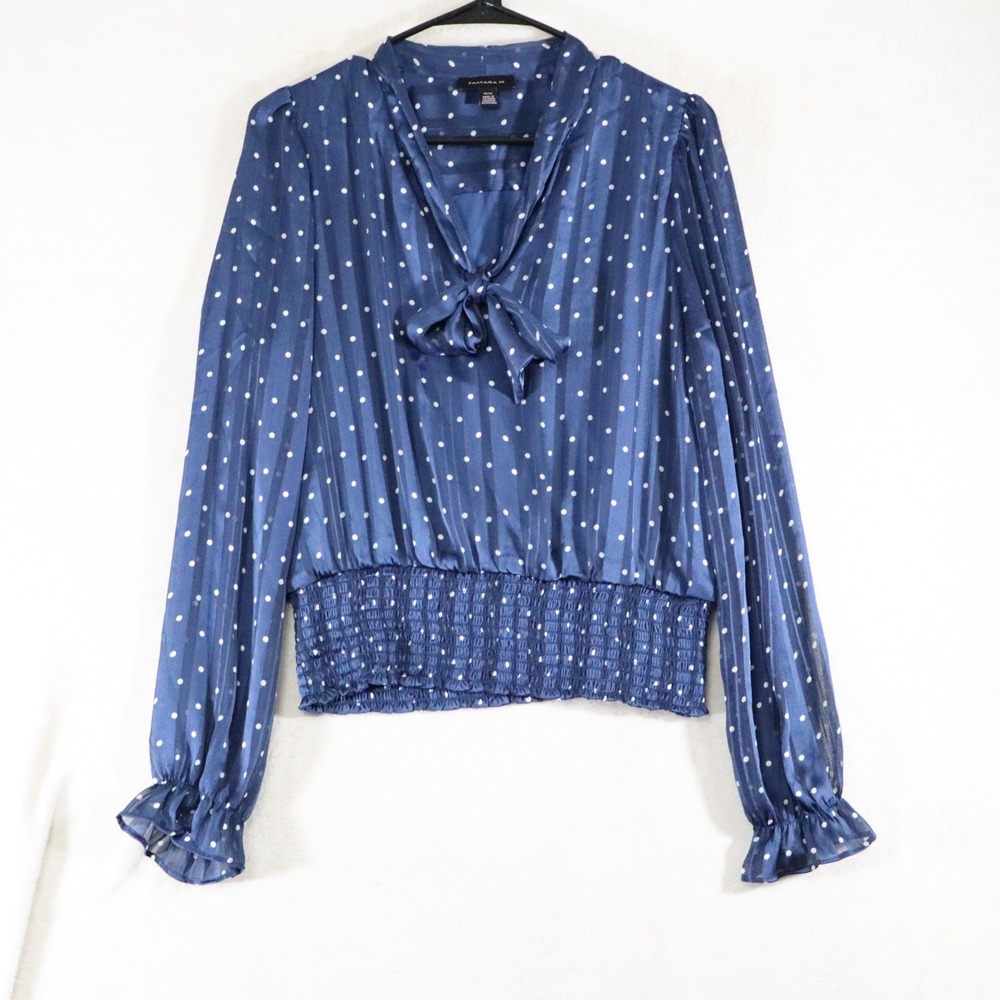 Tamara H. Women's Blue Polka Dot Blouse Size Medium Tie Neck Smocked Waist